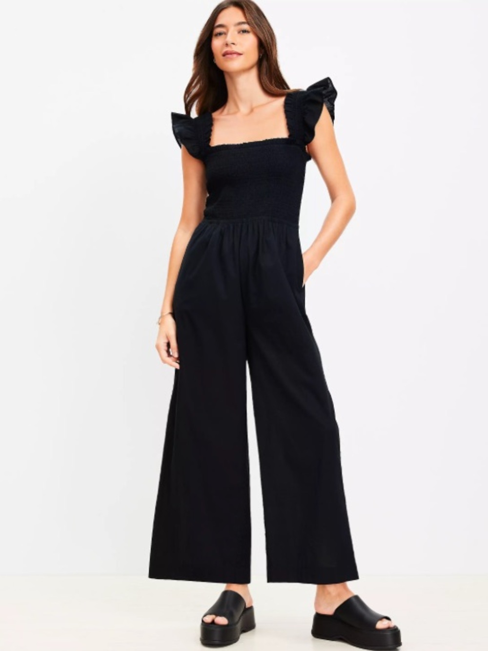 LOFT Black Smocked cropped Wide-Leg Jumpsuit with Ruffle Straps SZ large petite